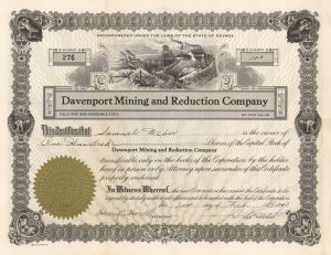 Davenport Mining and Reduction Co. - 1940 or 1941 dated Stock Certificate