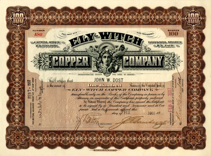 Ely-Witch Copper Co. - Stock Certificate