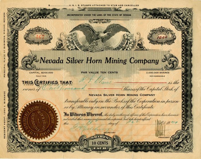 Nevada Silver Horn Mining Co. - Stock Certificate