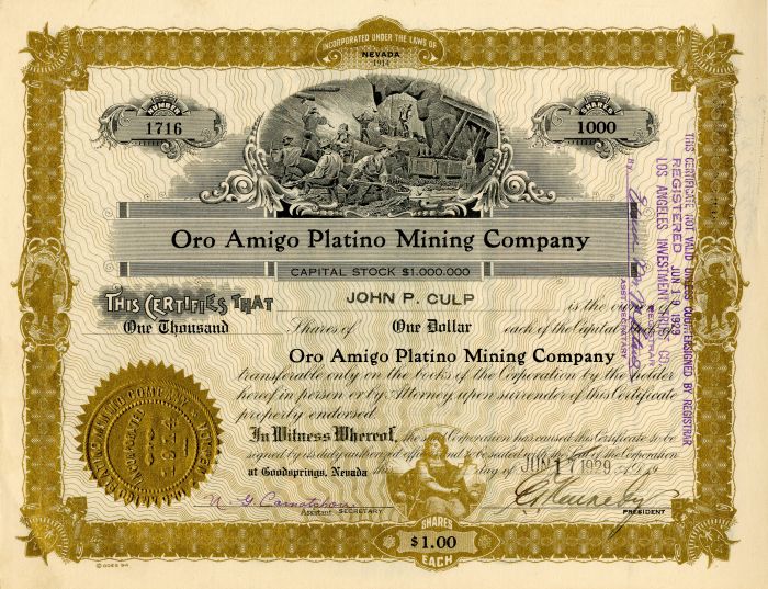 Oro Amigo Platino Mining Co. - Stock Certificate