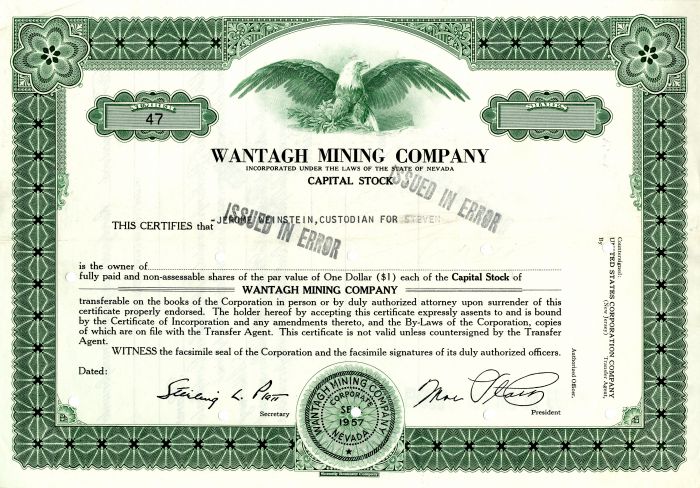 Wantagh Mining Co. - Stock Certificate