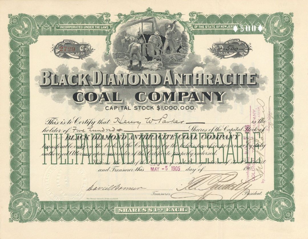 Black Diamond Anthracite Coal Co. - Stock Certificate