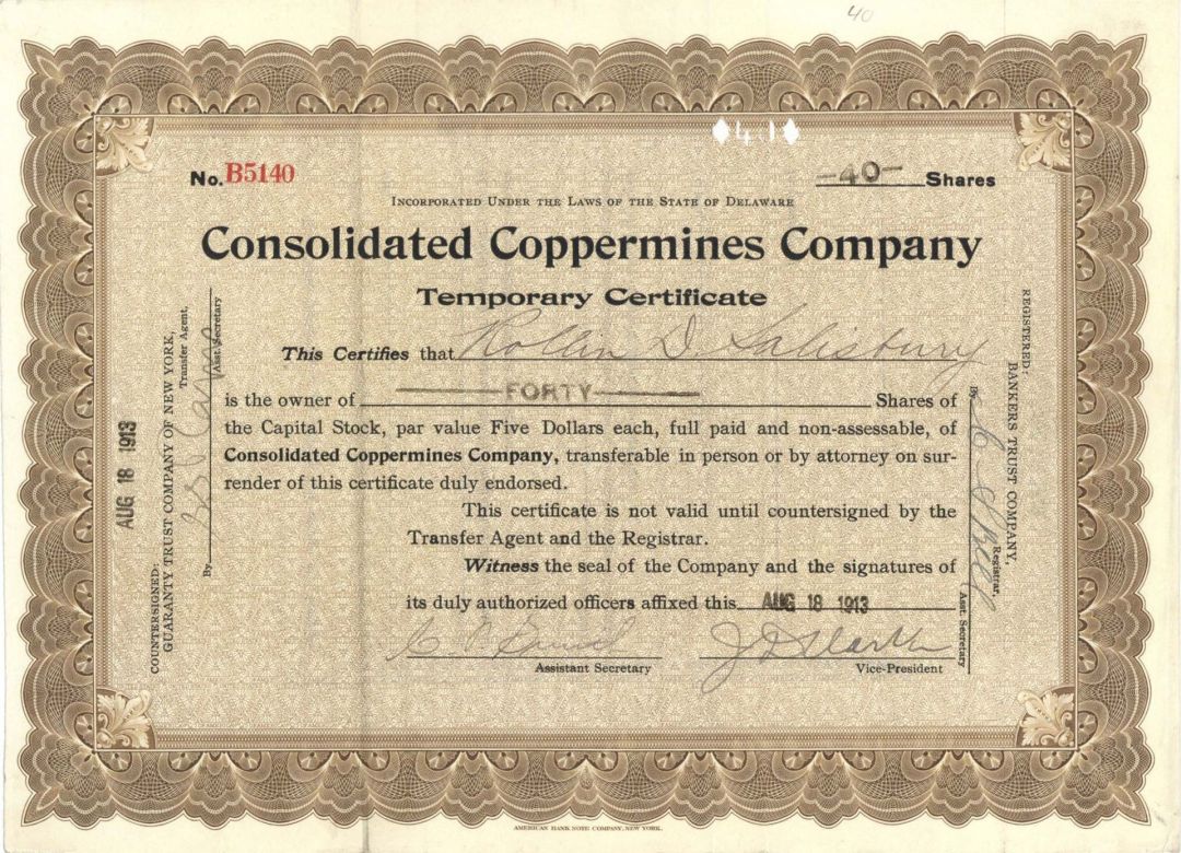 Consolidated Coppermines Co. - 1913 dated Stock Certificate