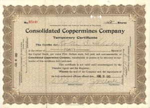 Consolidated Coppermines Co. - 1913 dated Stock Certificate