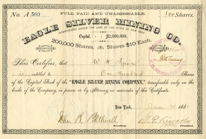 Eagle Silver Mining Co. - Stock Certificate