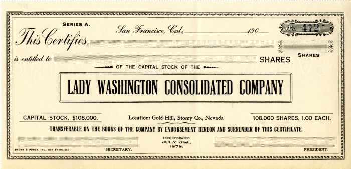 Lady Washington Consolidated Co. - Stock Certificate