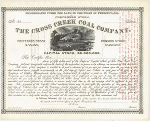 Cross Creek Coal Co. - 1890's dated Unissued Pennsylvania Mining Stock Certificate