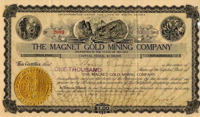 Magnet Gold Mining Co. - Stock Certificate