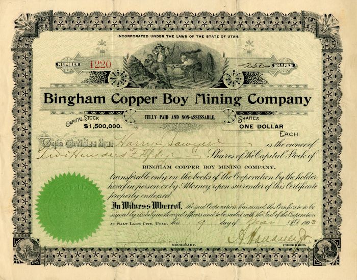 Bingham Copper Boy Mining Co. - Stock Certificate