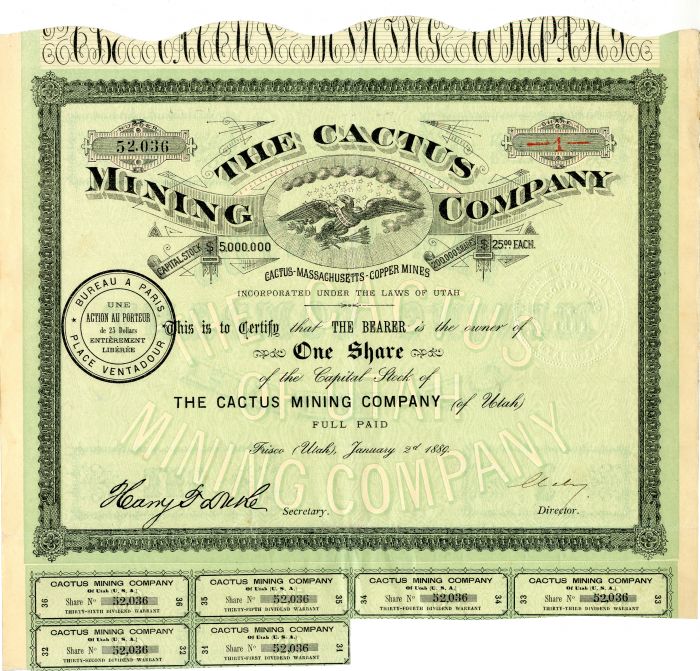 Cactus Mining Co. - Stock Certificate