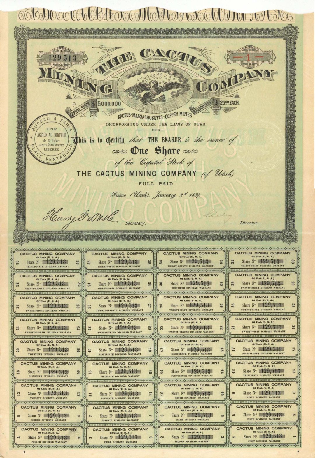 Cactus Mining Co. - 1889 dated Stock Certificate