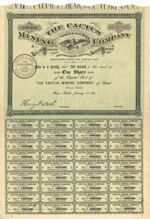 Cactus Mining Co. - 1889 dated Stock Certificate