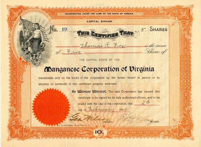 Manganese Corporation of Virginia - Stock Certificate