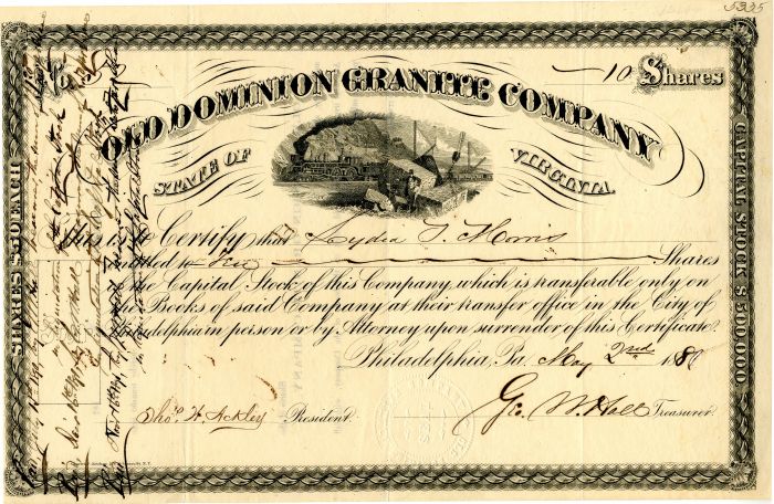 Old Dominion Granite Co. - 1881 dated Pennsylvania Mining Stock Certificate