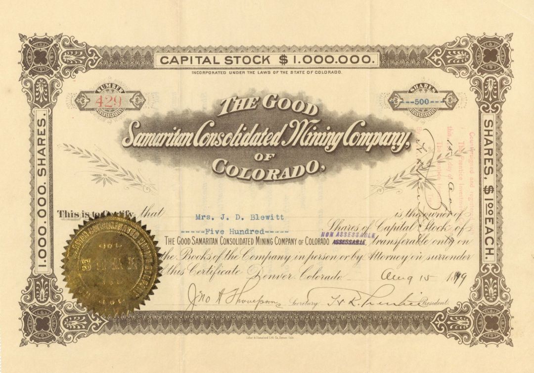 Good Samaritan Consolidated Mining Co. of Colorado - Colorado Mining Stock Certificate