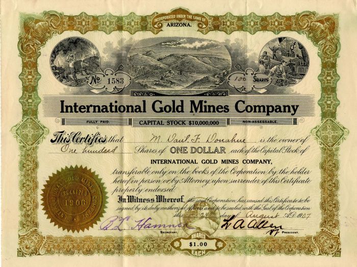 International Gold Mines Co. - Stock Certificate