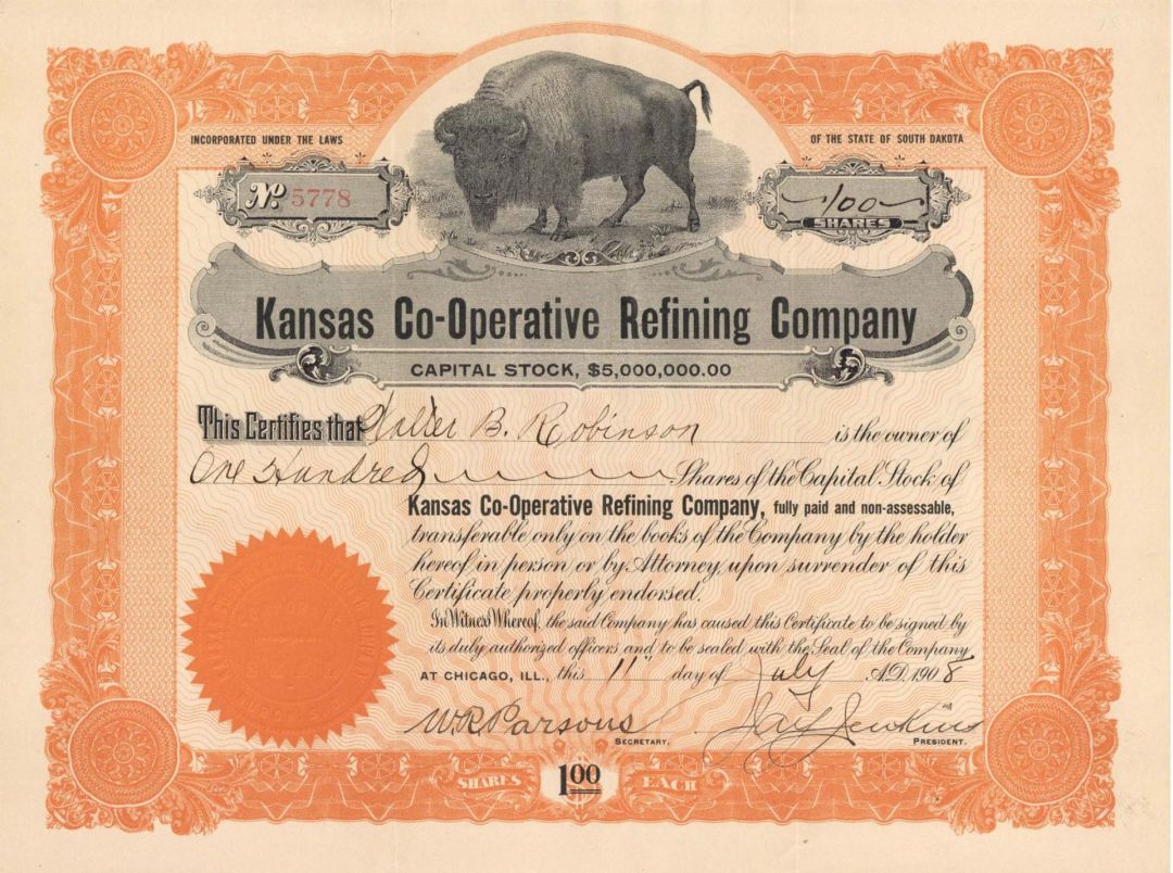 Kansas Co-Operative Refining Co. - 1908-1912 dated Stock Certificate