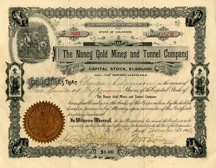 Nancy Gold Mines and Tunnel Co. - 1902 dated Mining Stock Certificate