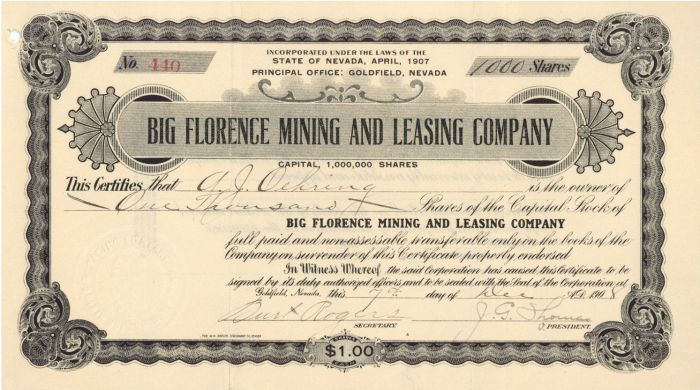 Big Florence Mining and Leasing Co. - Stock Certificate