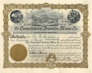 Consolidated Franklin Mines Co. - 1902 dated Colorado Mining Stock Certificate