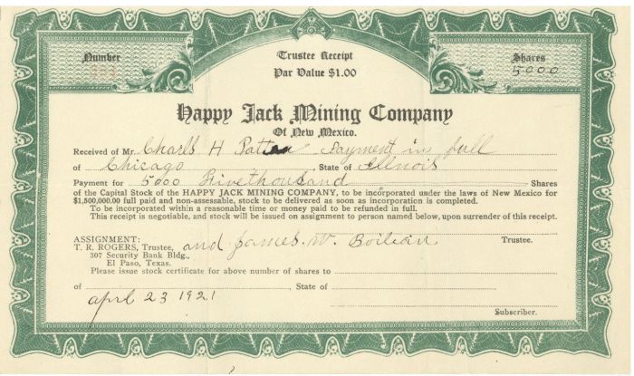 Happy Jack Mining Co. - Stock Certificate