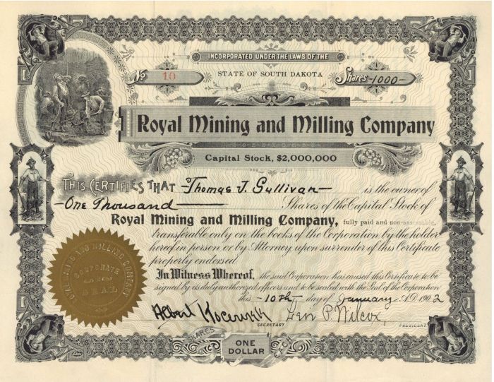 Royal Mining and Milling Co. - Stock Certificate