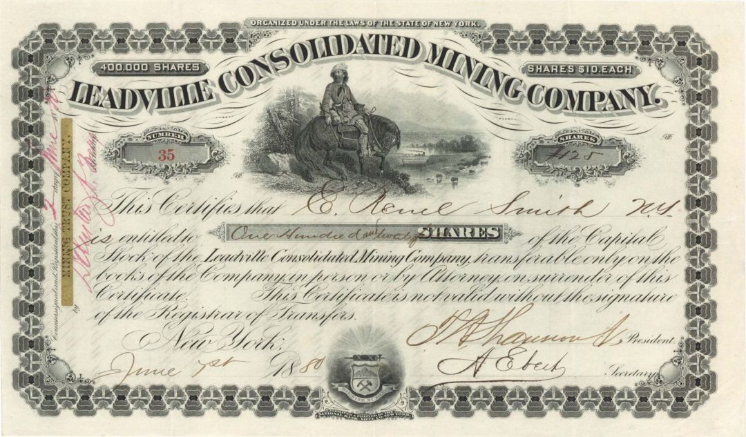 Leadville Consolidated Mining Co. - 1880 or 1895 dated Stock Certificate