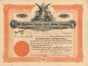 Manhattan-Eastern Gold Mining Co. - 1906 dated Stock Certificate
