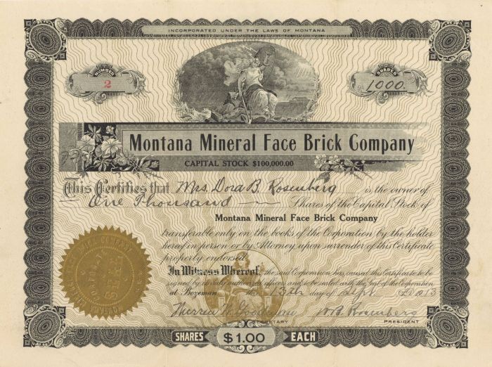Montana Mineral Face Brick Co. - Stock Certificate