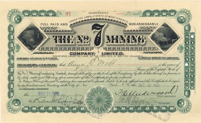 No. 7 Mining Co. Limited - Stock Certificate