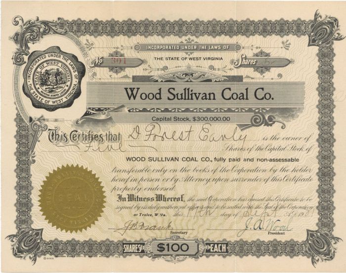 Wood Sullivan Coal Co. - Mining Stock Certificate