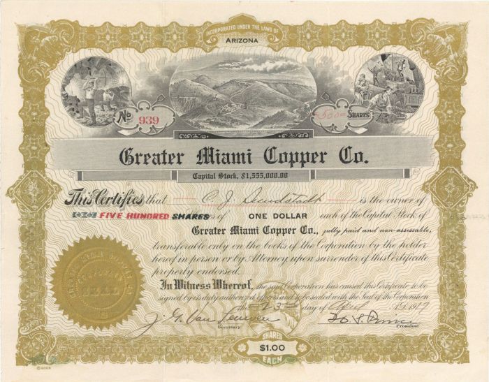 Greater Miami Copper Co. - Stock Certificate