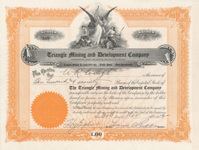 Triangle Mining and Development Co. - 1912 dated Montana Mining Stock Certificate