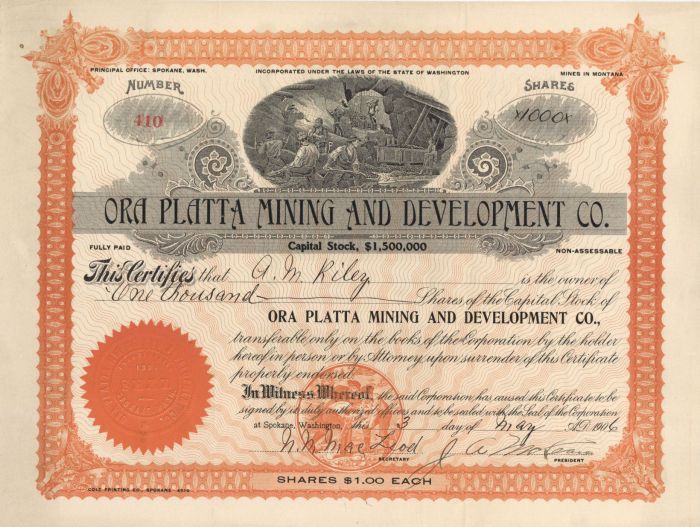 Ora Platta Mining and Development Co. - Stock Certificate