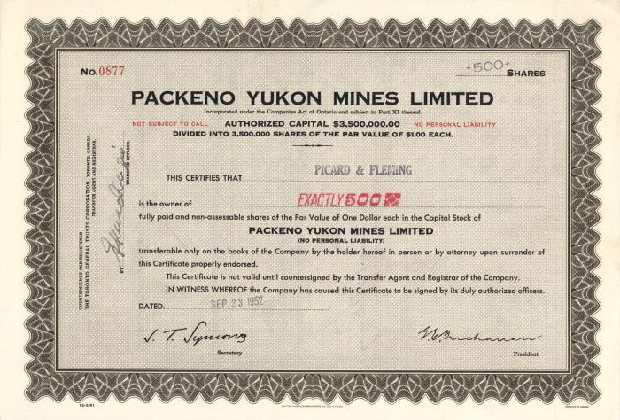 Packeno Yukon Mines Limited - Stock Certificate