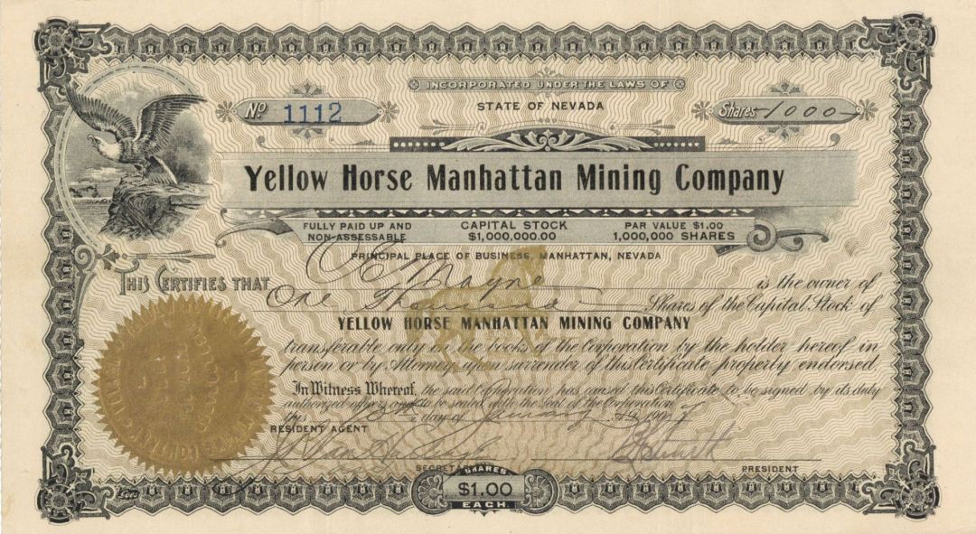 Yellow Horse Manhattan Mining Co. - Stock Certificate