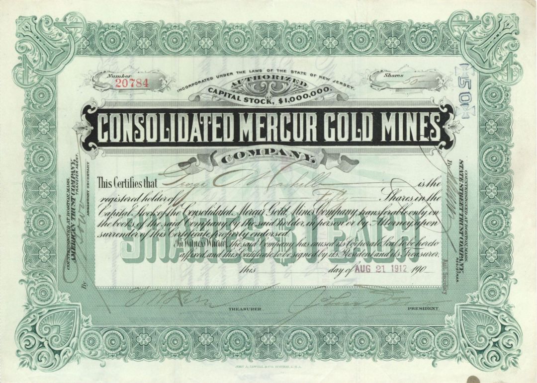 Consolidated Mercur Gold Mines Co. - Mining Stock Certificate