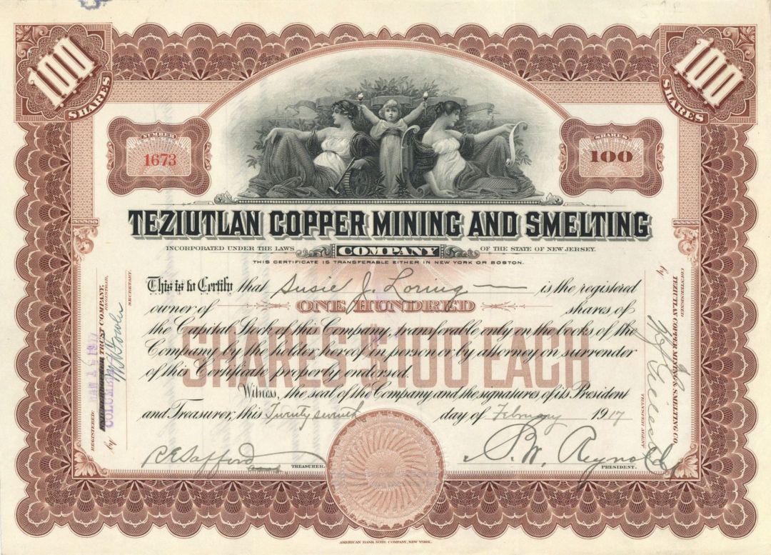 Teziutlan Copper Mining and Smelting Co. - Stock Certificate