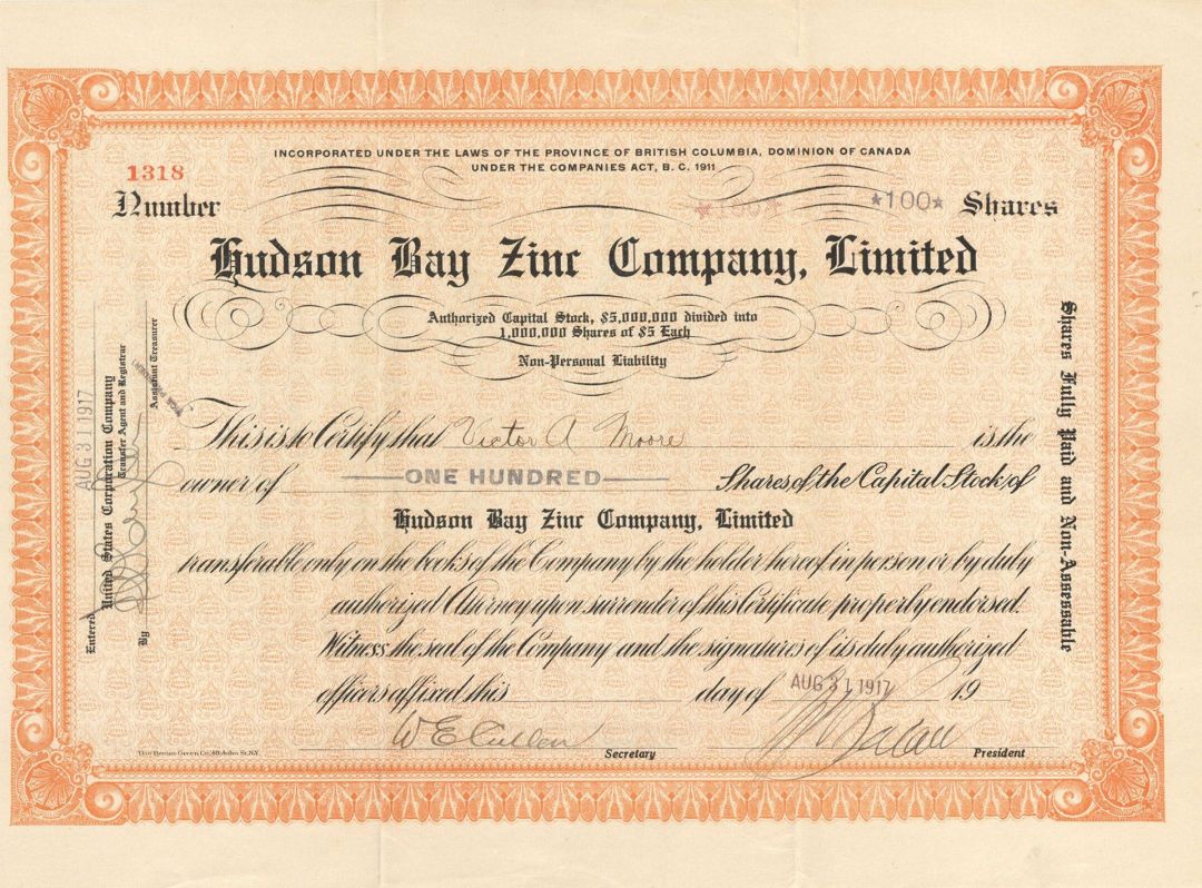 Hudson Bay Zinc Co., Limited - Canadian Mining Stock Certificate