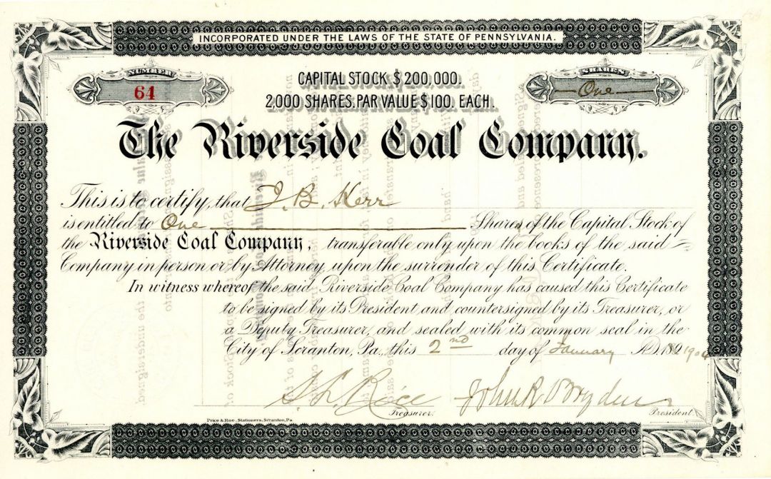 Riverside Coal Co. - Stock Certificate