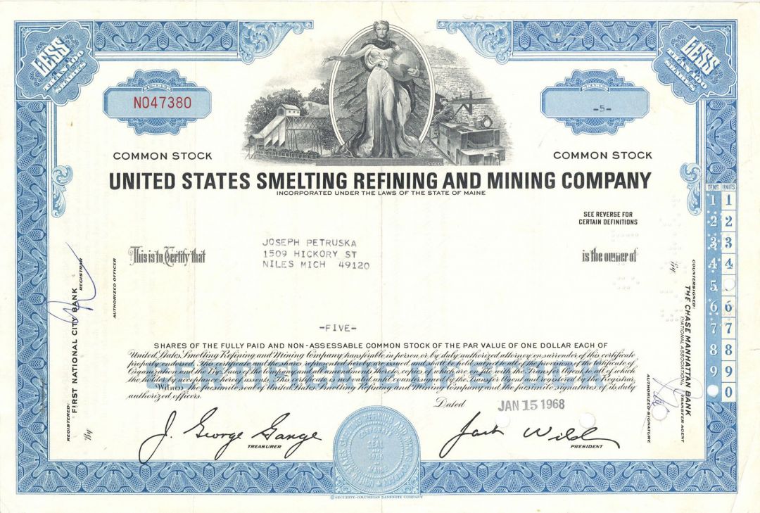 United States Smelting Refining and Mining Co. - Stock Certificate