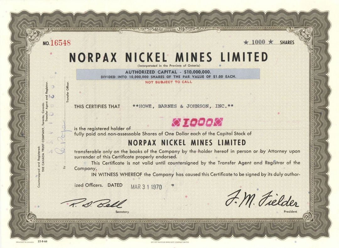 Norpax Nickel Mines Limited - Mining Stock Certificate