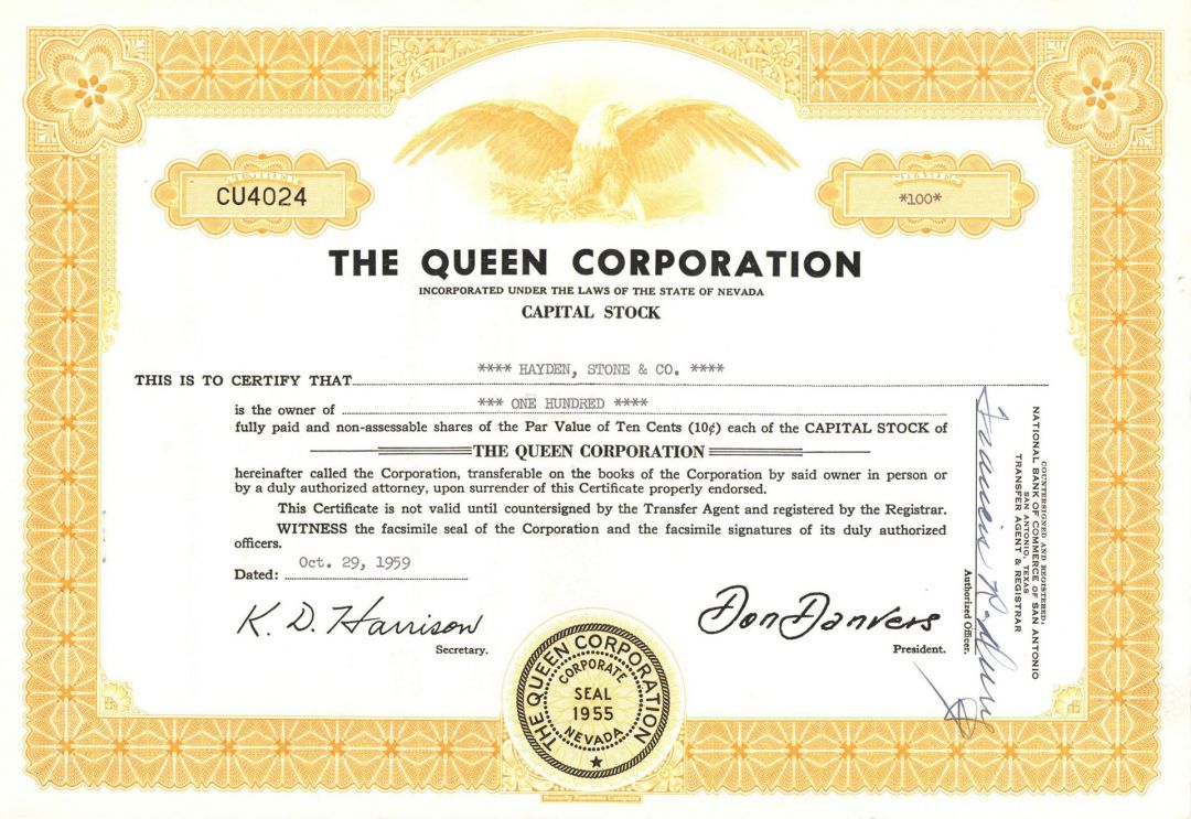 Queen Corp. - Mining Stock Certificate