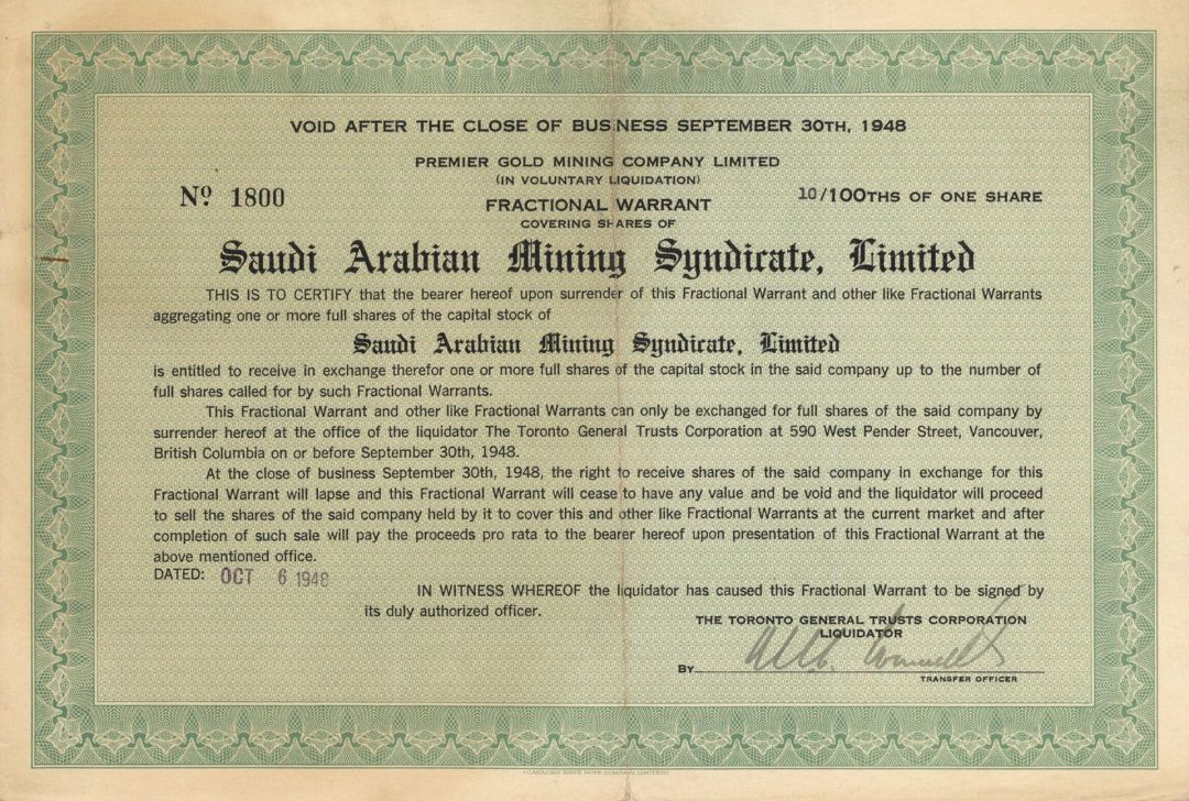 Saudi Arabian Mining Syndicate, Limited - Mining Stock Certificate