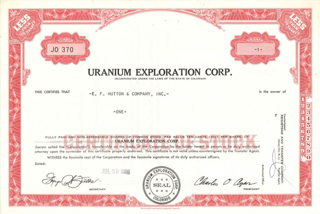 Uranium Exploration Corp. - 1968 dated Colorado Mining Stock Certificate