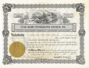 Utah-Idaho Consolidated Uranium, Inc. - 1950's-1970's dated Idaho and Utah Mining Stock Certificate