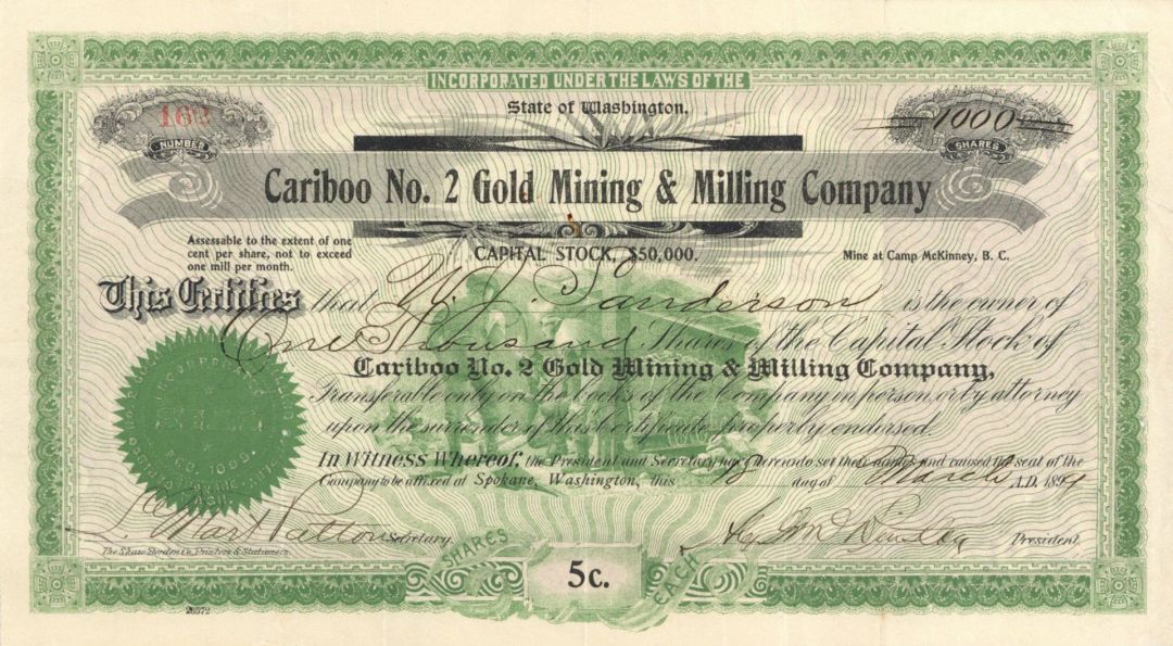 Cariboo No. 2 Gold Mining and Milling Co. - Stock Certificate