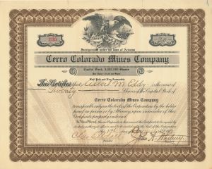 Cerro Colorado Mines Co. - 1910 dated Colorado Mining Stock Certificate - Cerro Colorado Mountains