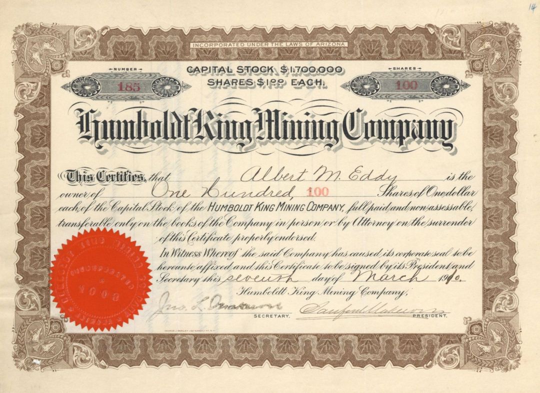 Humboldt King Mining Co. - 1910 Mining Stock Certificate