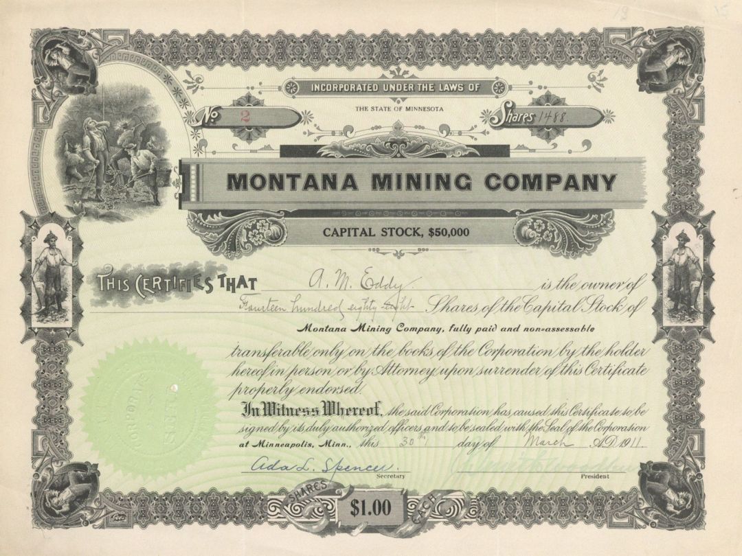 Montana Mining Co. - 1911 Mining Stock Certificate